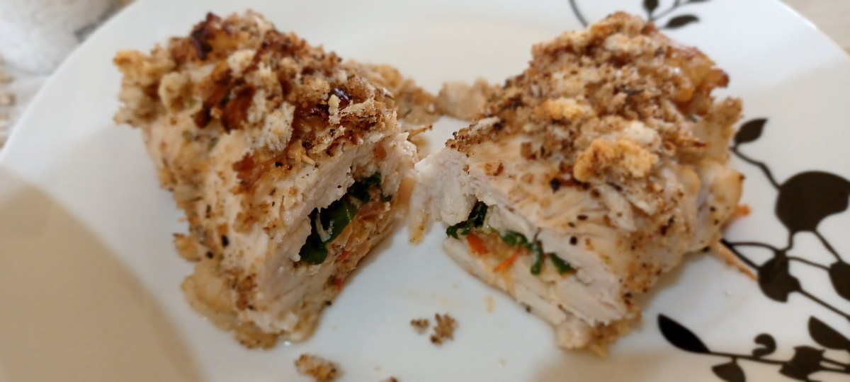 Crumbed Chicken Gordon Bleu, filled with Feta, Spinach & Tomato.
