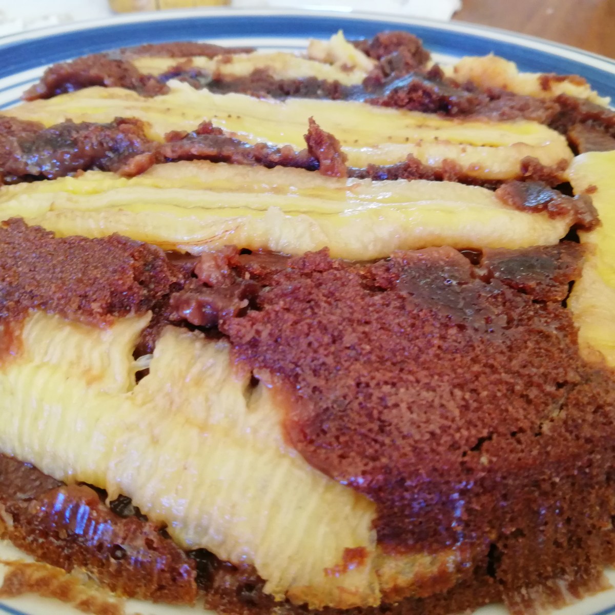 Upside-down banana chocolate cake – No Eggs!!